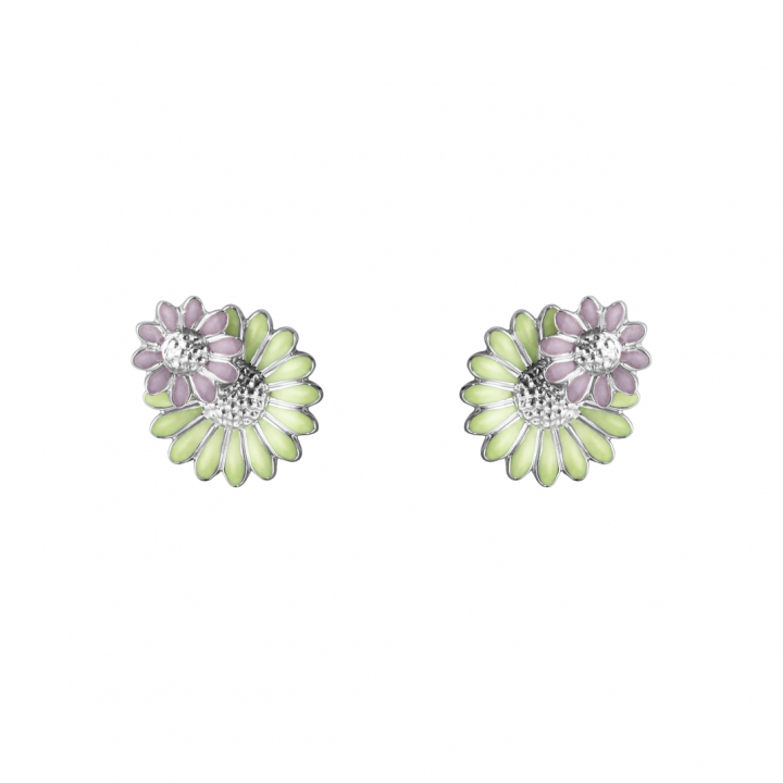 DAISY LAYERED Ohrring (Silber) GREEN PINK ENAMEL in der Gruppe Ohrringe / Silberohrringe  bei SCANDINAVIAN JEWELRY DESIGN (20001126)