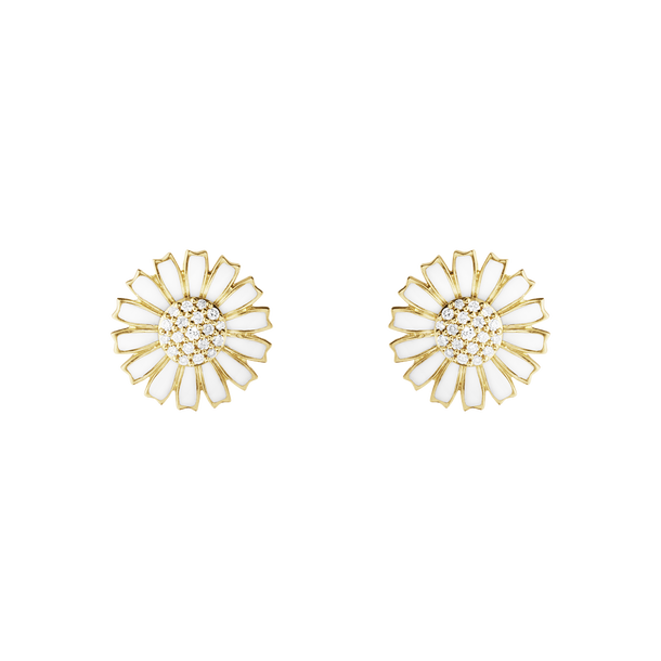 DAISY Earrings Gold-plated Silver Diamonds WHITE ENAMEL 11 MM