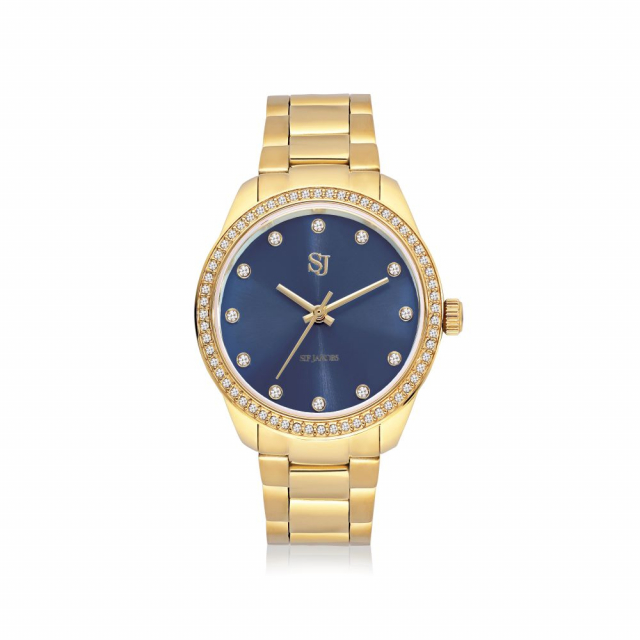 Valeria - Goldpläterad rostfritt stål med mörkblå sunray urtavla och vita zirkoner Klocka 